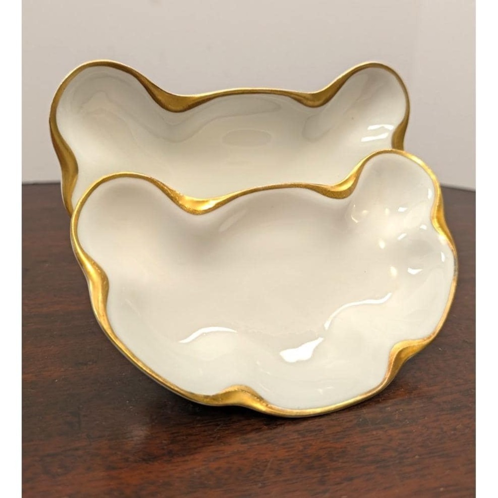Antique Haviland Limoges France Bone Dishes Pair White Porcelain Gold Trim